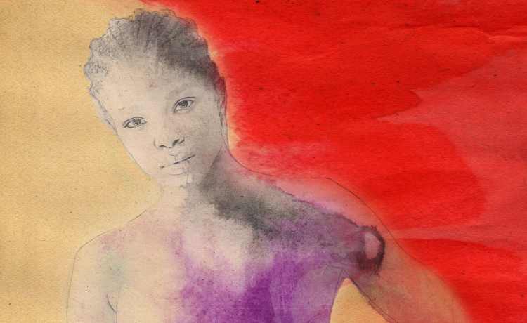 A watercolour picture of a woman in purple against a yellow and red background
