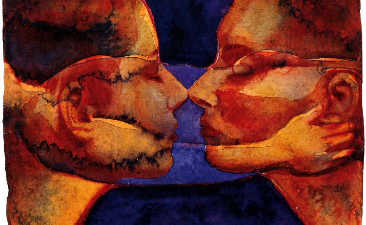 An artistic watercolour image of two red, orange and yellow faces in profile and close together against a dark blue background