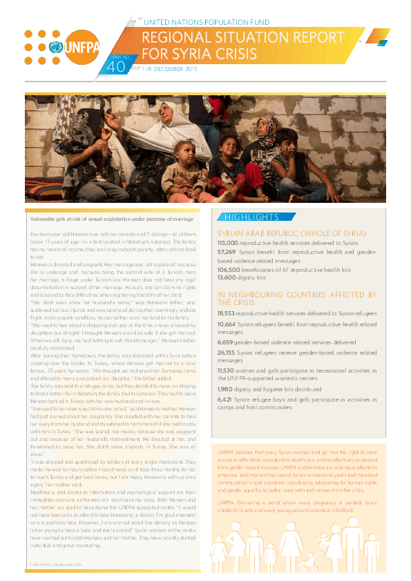Regional Situation Report for Syria Crisis #40 - 1-31 December 2015