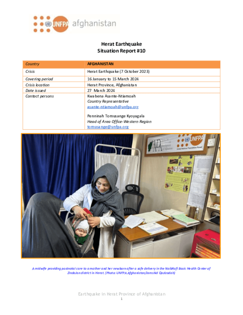 UNFPA Afghanistan Situation Report (Herat Province) #10: 16 January - 15 March 2024